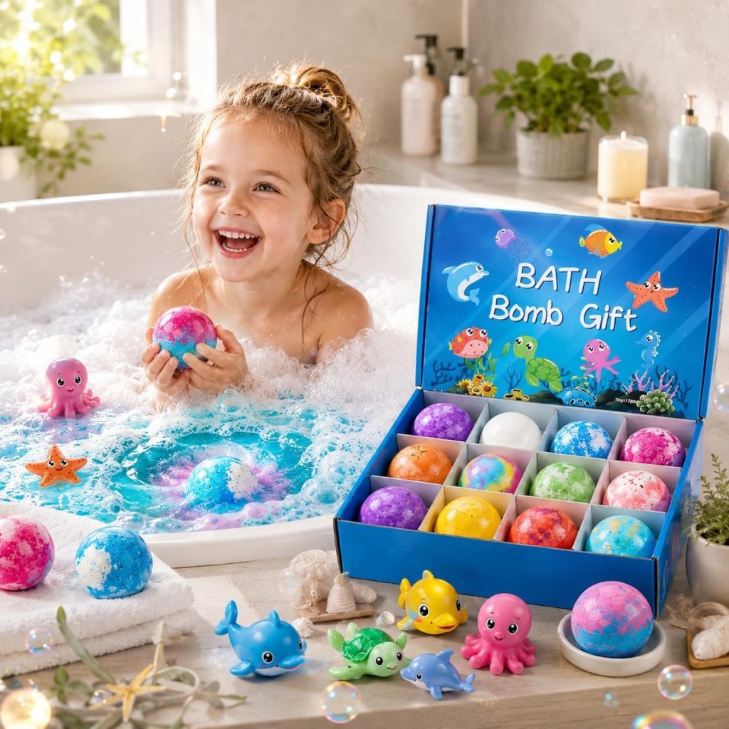 12 Pcs Bath Bombs for Kids, Bubble Bath Bomb Gift Set, Colorful Kids Bath Bombs with Fun Fizzy Experience, Relaxing Bath Fizzies for Children, Birthday & Holiday Gift