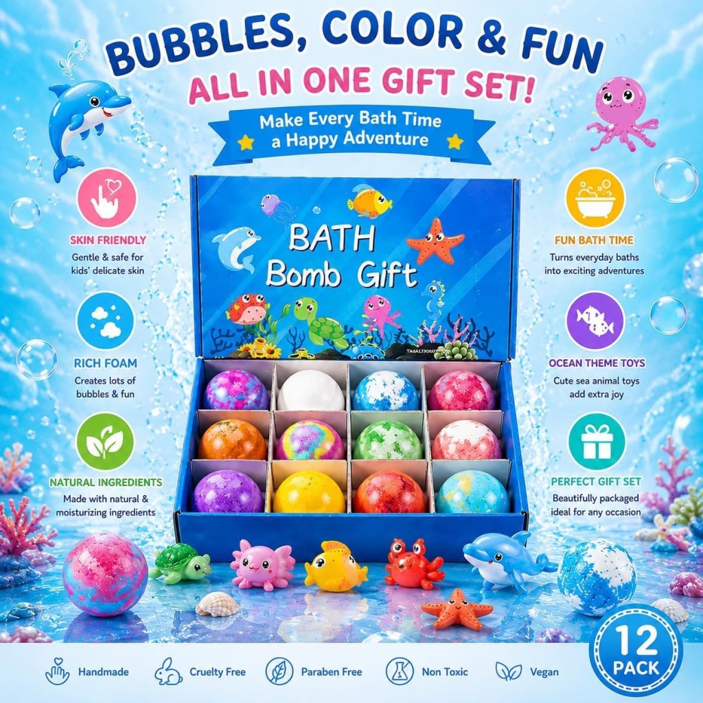 12 Pcs Bath Bombs for Kids, Bubble Bath Bomb Gift Set, Colorful Kids Bath Bombs with Fun Fizzy Experience, Relaxing Bath Fizzies for Children, Birthday & Holiday Gift