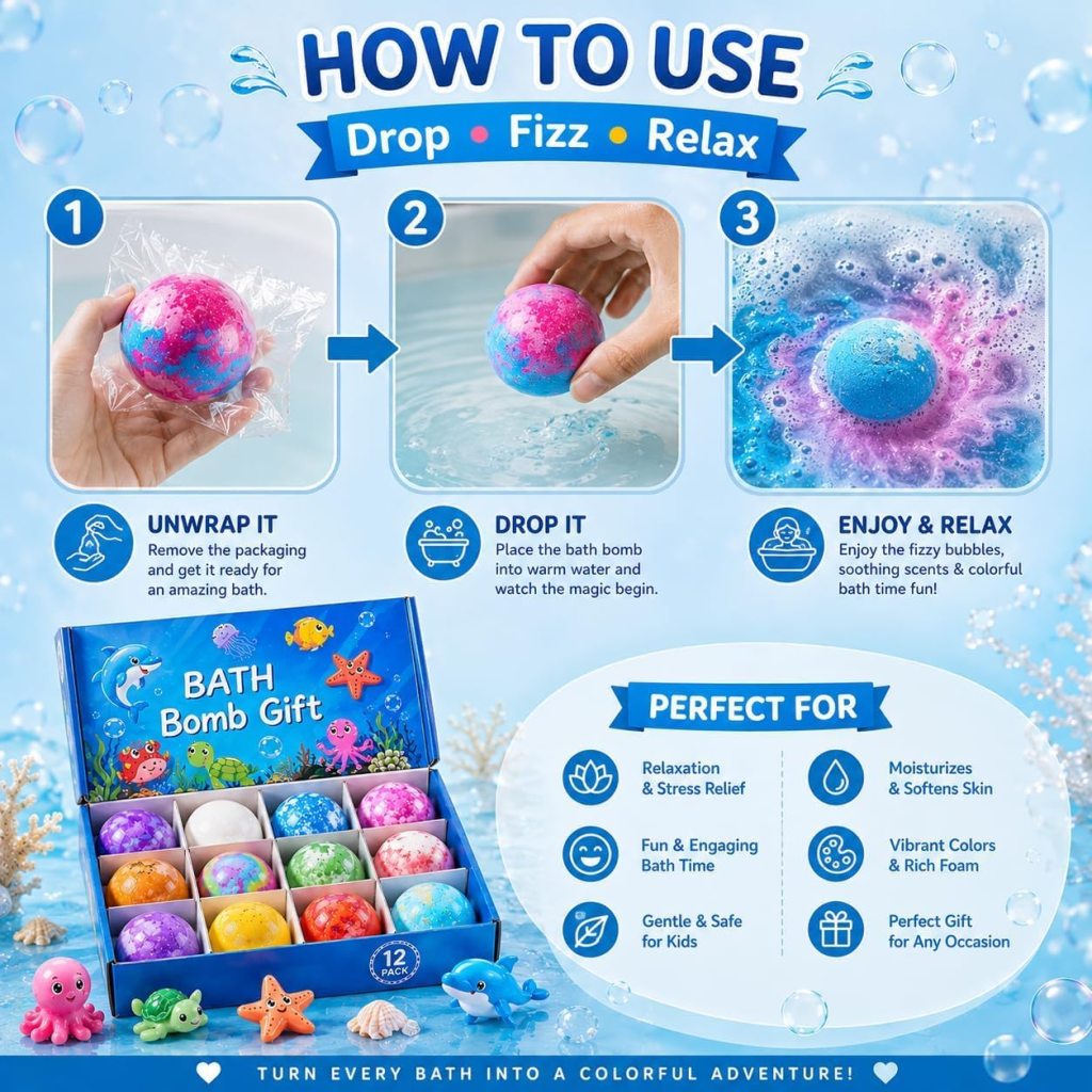 12 Pcs Bath Bombs for Kids, Bubble Bath Bomb Gift Set, Colorful Kids Bath Bombs with Fun Fizzy Experience, Relaxing Bath Fizzies for Children, Birthday & Holiday Gift
