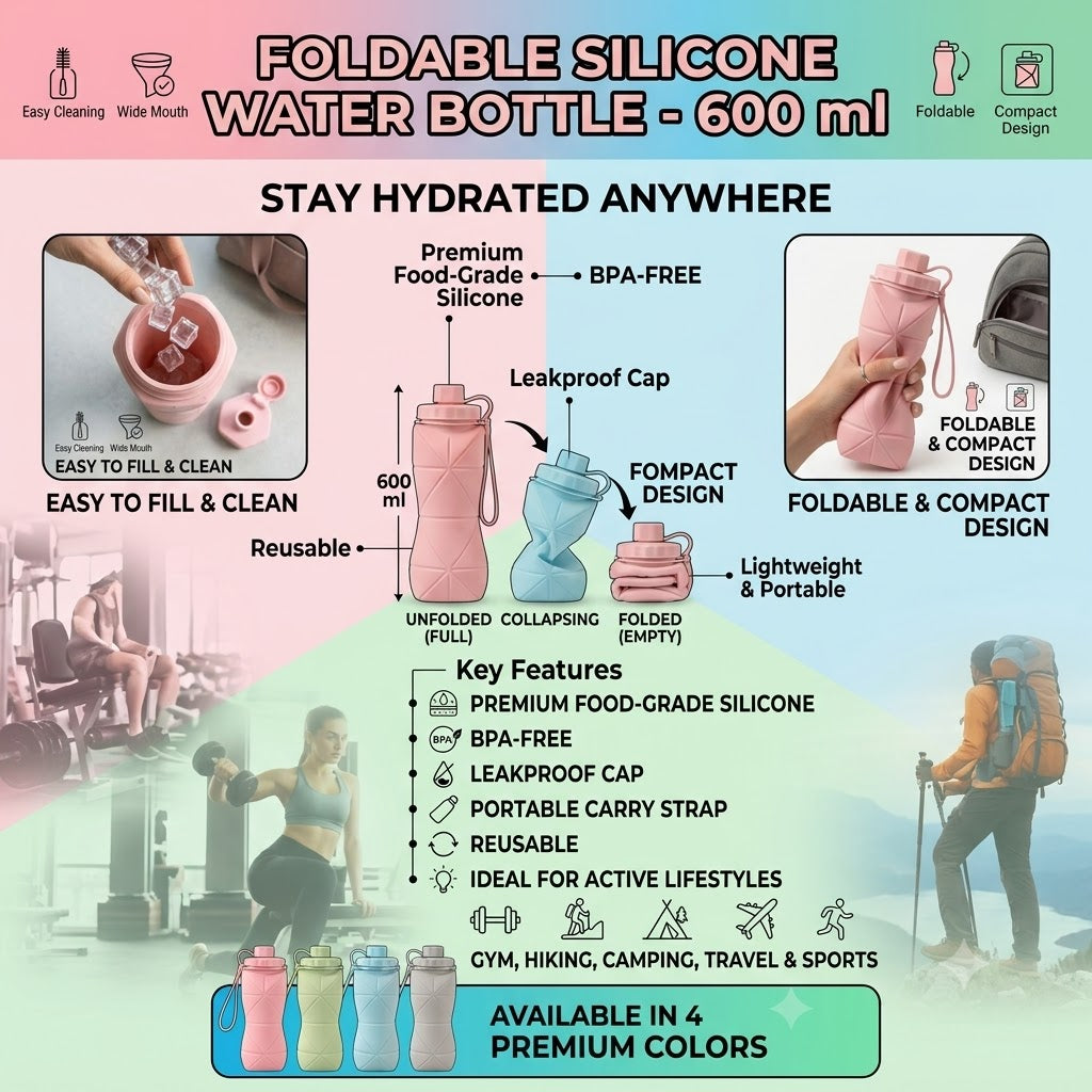 Silicone Water Bottle 600 ml | Foldable Leak Proof Travel Bottle