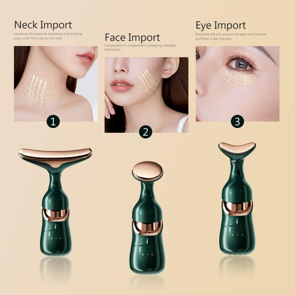 3-in-1 Electric Face, Neck & Eye Massager, Anti-Wrinkle Vibration Facial Massager for Skin Care, Face Slimming, Sculpting, Firming & Glowing Skin – Green