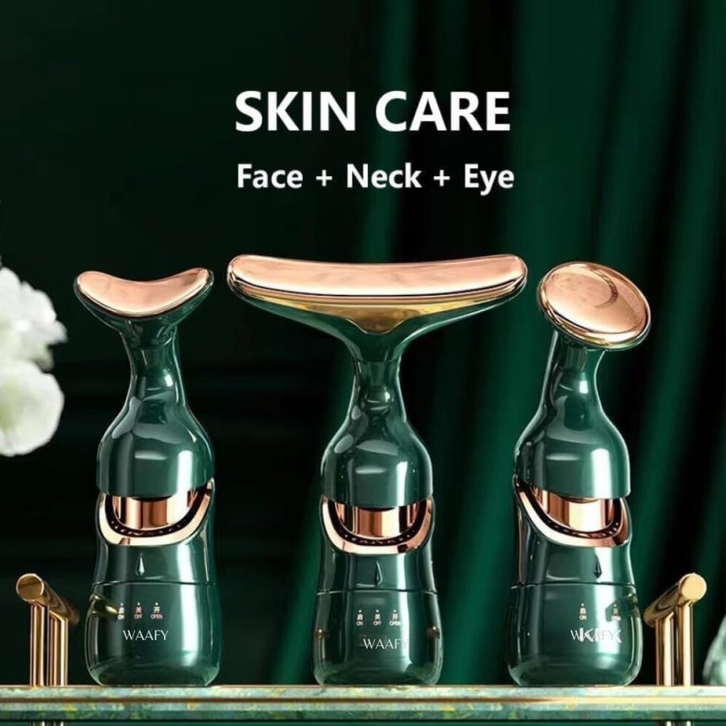 3-in-1 Electric Face, Neck & Eye Massager, Anti-Wrinkle Vibration Facial Massager for Skin Care, Face Slimming, Sculpting, Firming & Glowing Skin – Green