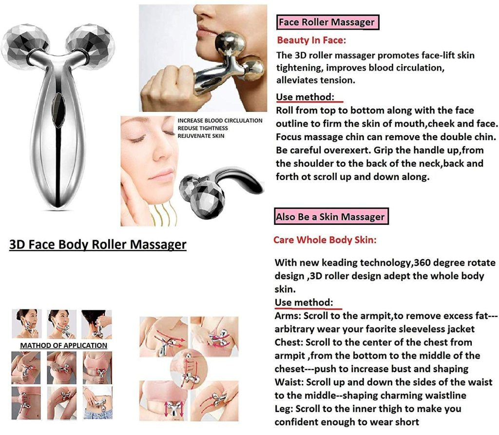 3D Manual Roller Face Body Massager Skin Lifting Wrinkle Remover Facial Massage For Relaxation and Tightening (Silver)