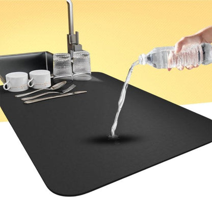 Large Dish Drying Kitchen Mat 40×60 cm, Water Absorbent Kitchen Countertop Mat with Non-Slip Rubber Backing, Quick-Dry Dish Drainer Pad for Plates, Glassware, Utensils & Cookware – Black