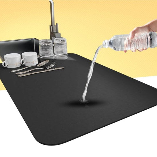 Large Dish Drying Kitchen Mat 40×60 cm, Water Absorbent Kitchen Countertop Mat with Non-Slip Rubber Backing, Quick-Dry Dish Drainer Pad for Plates, Glassware, Utensils & Cookware – Black