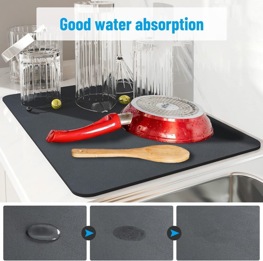 Large Dish Drying Kitchen Mat 40×60 cm, Water Absorbent Kitchen Countertop Mat with Non-Slip Rubber Backing, Quick-Dry Dish Drainer Pad for Plates, Glassware, Utensils & Cookware – Black