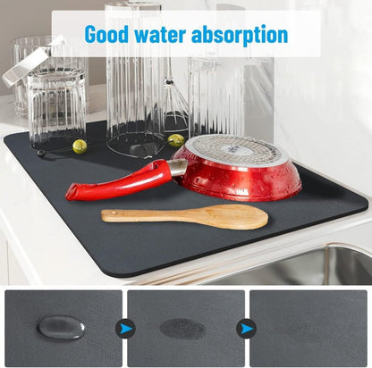 Large Dish Drying Kitchen Mat 40×60 cm, Water Absorbent Kitchen Countertop Mat with Non-Slip Rubber Backing, Quick-Dry Dish Drainer Pad for Plates, Glassware, Utensils & Cookware – Black