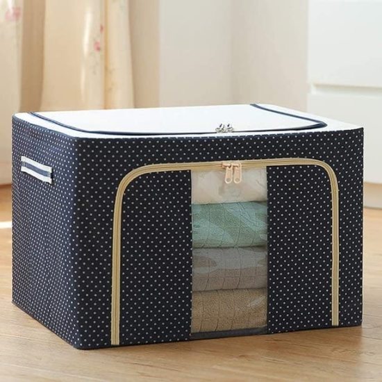 66 Litre Foldable Storage Bag with Steel Frame – Oxford Fabric Clothes Organizer with Transparent Window, Double Zipper & Handles for Wardrobe, Under Bed, Sarees, Blankets & Home Storage