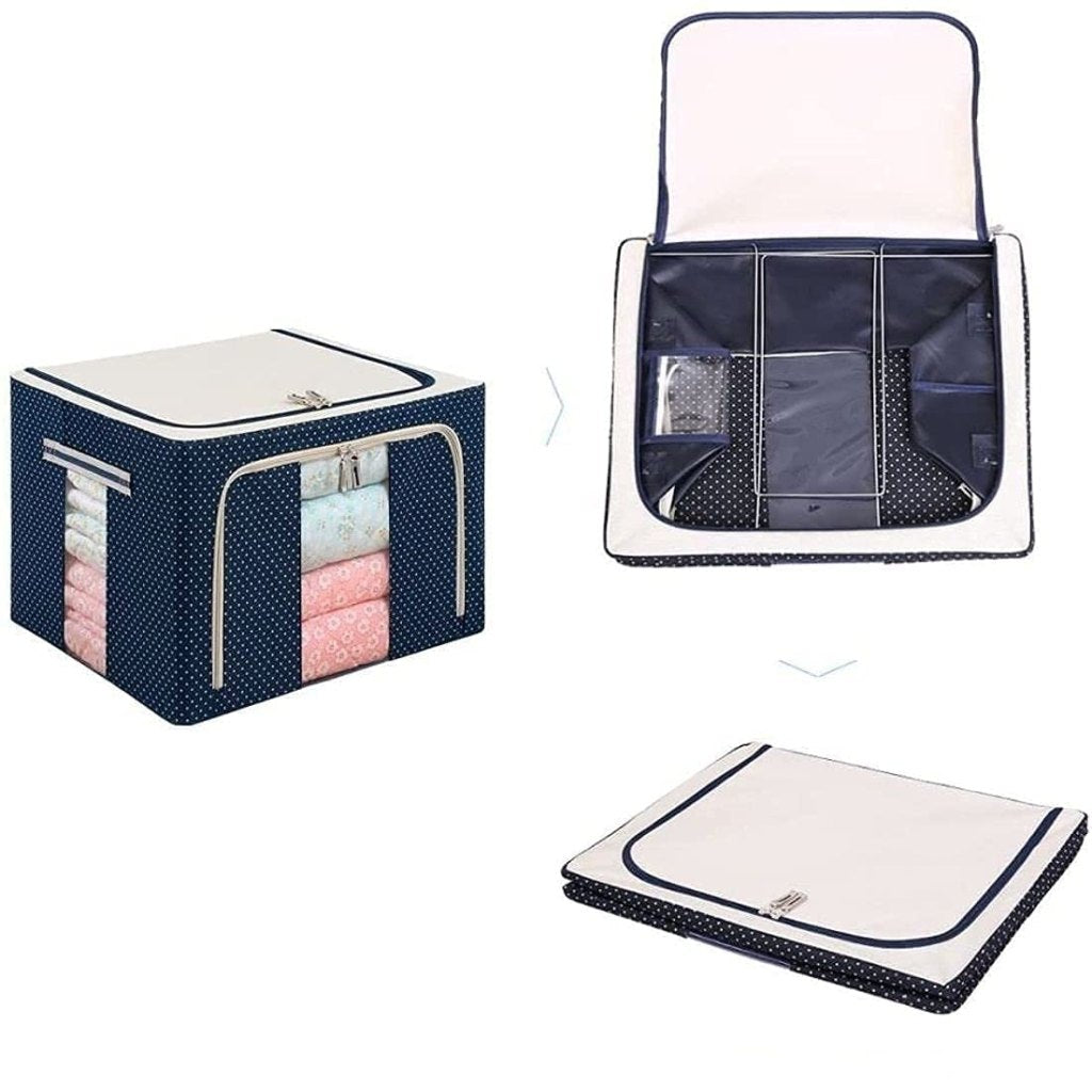 66 Litre Foldable Storage Bag with Steel Frame – Oxford Fabric Clothes Organizer with Transparent Window, Double Zipper & Handles for Wardrobe, Under Bed, Sarees, Blankets & Home Storage