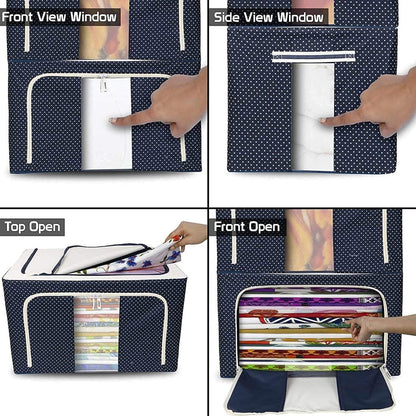 66 Litre Foldable Storage Bag with Steel Frame – Oxford Fabric Clothes Organizer with Transparent Window, Double Zipper & Handles for Wardrobe, Under Bed, Sarees, Blankets & Home Storage