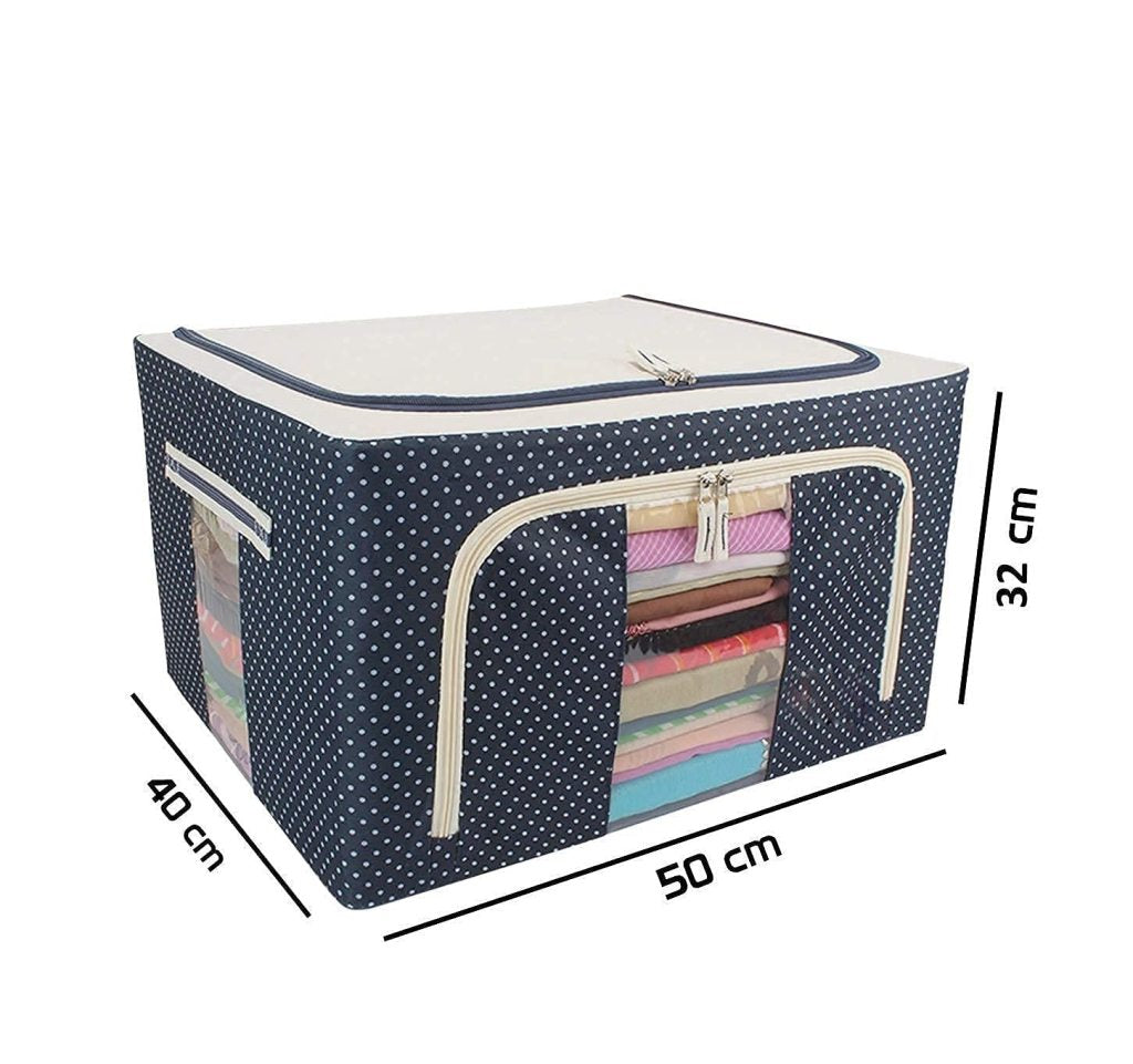 66 Litre Foldable Storage Bag with Steel Frame – Oxford Fabric Clothes Organizer with Transparent Window, Double Zipper & Handles for Wardrobe, Under Bed, Sarees, Blankets & Home Storage