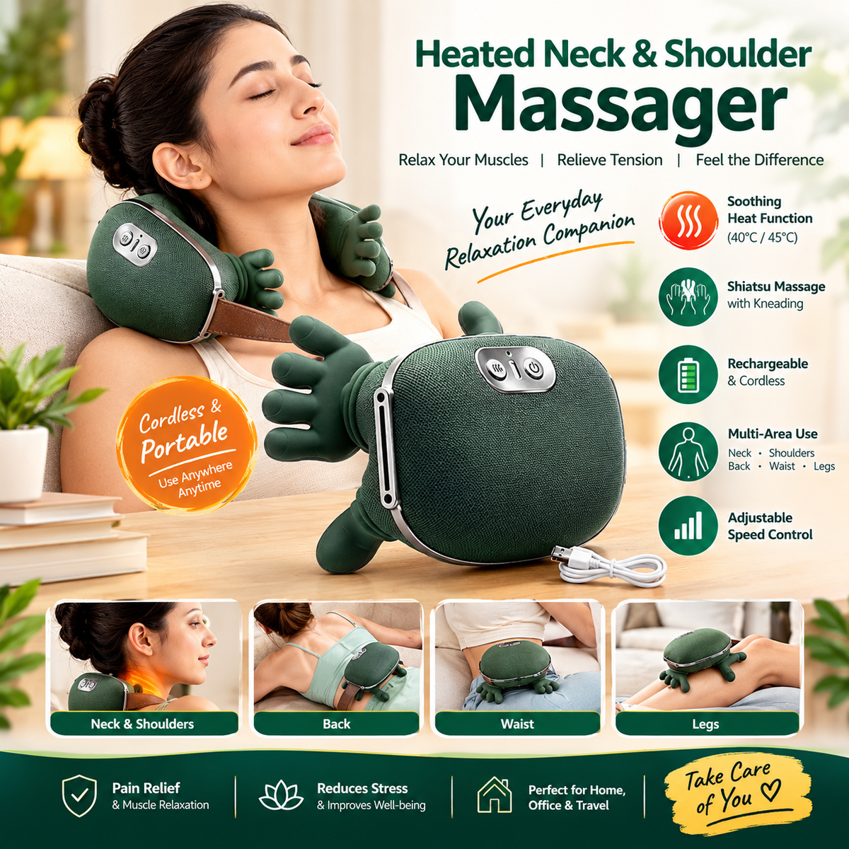 Wireless Heated Neck Massager for Cervical Pain | Neck and Shoulder Massager Machine | Wireless Heated Neck Massager & Shoulder Massager | Portable Electric Body Massager