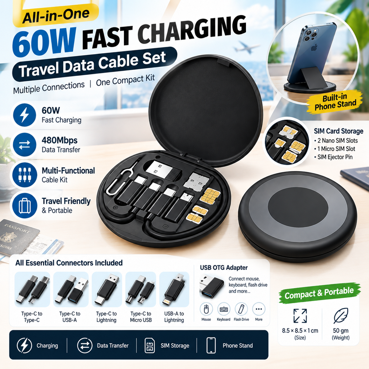 All-in-One 60W Fast Charging Travel Data Cable Set | Multi-Functional USB Type-C Cable Kit with Adapters, SIM Card Storage & Phone Stand