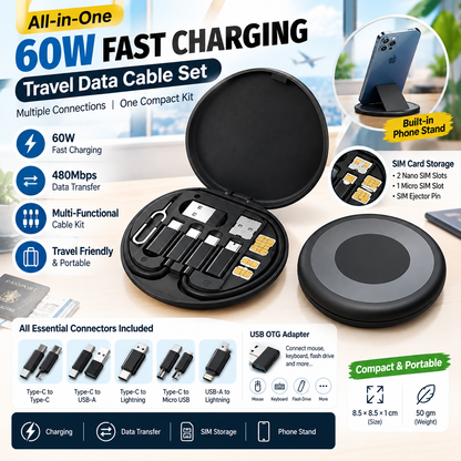 All-in-One 60W Fast Charging Travel Data Cable Set | Multi-Functional USB Type-C Cable Kit with Adapters, SIM Card Storage & Phone Stand