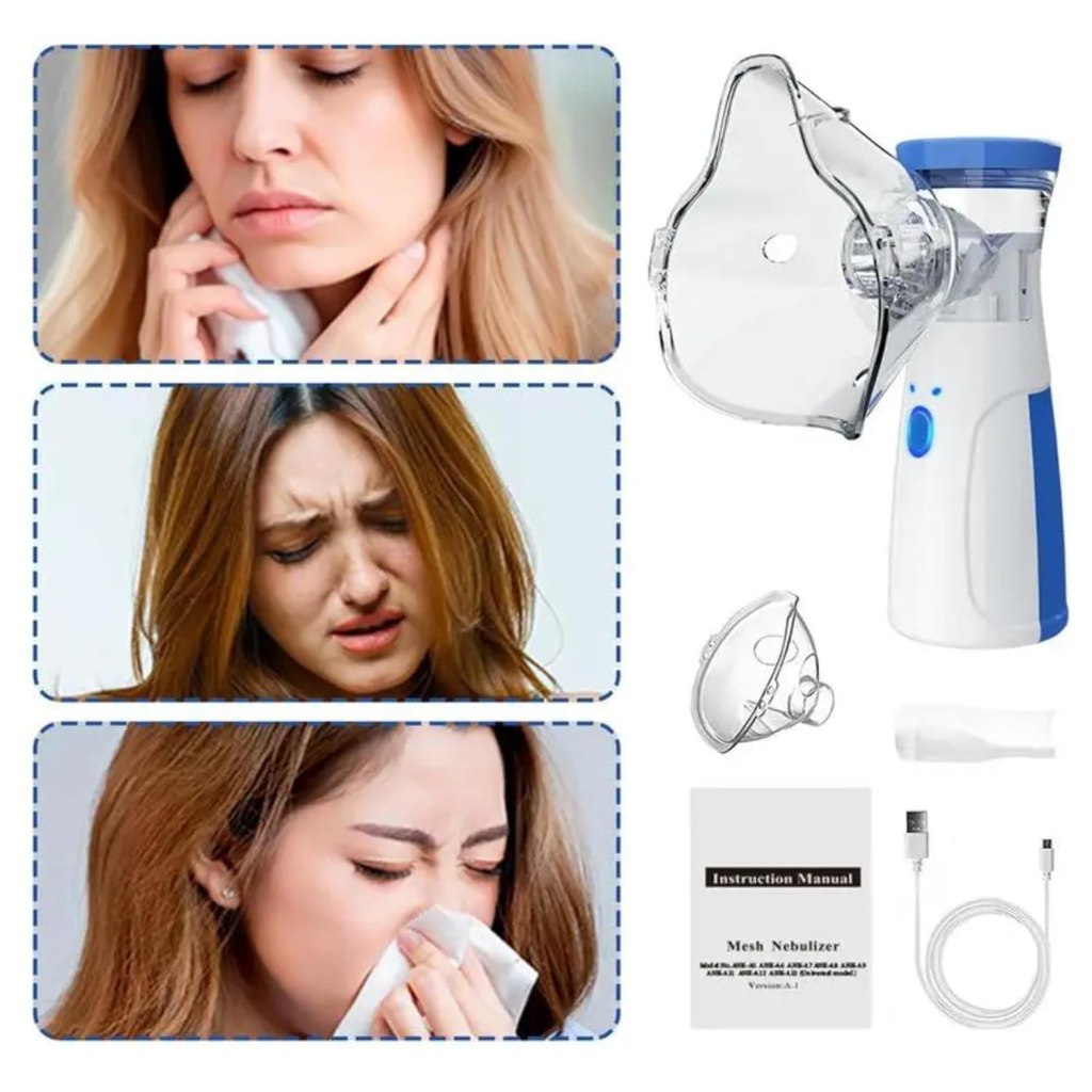 Portable Handheld Mesh Nebulizer Machine with 2 Masks, 1 Mouth piece & Usb, Personal Inhalers For Breathing Problems Lightweight, Cool Mist Inhailer for Cold & Cough, Travel Friendly Nebulizer For Adults & Kids (White).