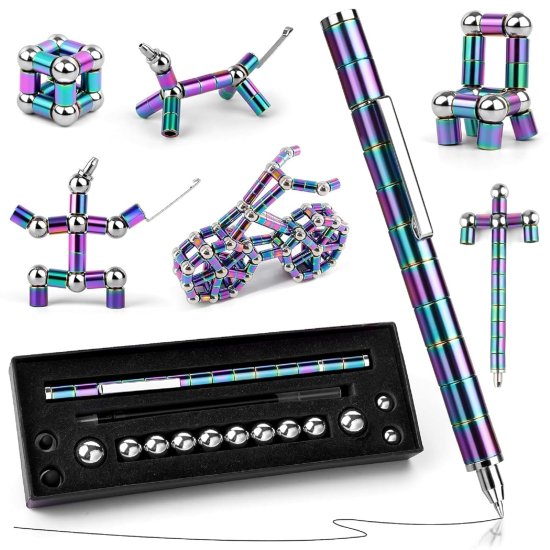 Rainbow Magnetic Fidget Pen Toy for Teens & Adults | Multifunctional Magnetic Metal Ballpoint Pen with 13 Magnetic Rings & 12 Steel Balls | Creative Decompression Fidget Gadget, Stylus & Writing Pen