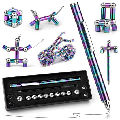 Rainbow Magnetic Fidget Pen Toy for Teens & Adults | Multifunctional Magnetic Metal Ballpoint Pen with 13 Magnetic Rings & 12 Steel Balls | Creative Decompression Fidget Gadget, Stylus & Writing Pen