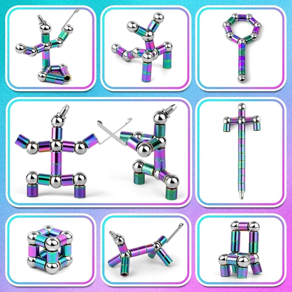 Rainbow Magnetic Fidget Pen Toy for Teens & Adults | Multifunctional Magnetic Metal Ballpoint Pen with 13 Magnetic Rings & 12 Steel Balls | Creative Decompression Fidget Gadget, Stylus & Writing Pen