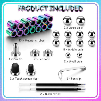 Rainbow Magnetic Fidget Pen Toy for Teens & Adults | Multifunctional Magnetic Metal Ballpoint Pen with 13 Magnetic Rings & 12 Steel Balls | Creative Decompression Fidget Gadget, Stylus & Writing Pen