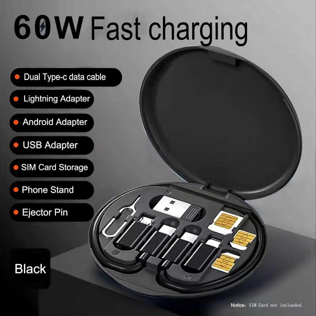 All-in-One 60W Fast Charging Travel Data Cable Set | Multi-Functional USB Type-C Cable Kit with Adapters, SIM Card Storage & Phone Stand