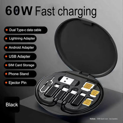 All-in-One 60W Fast Charging Travel Data Cable Set | Multi-Functional USB Type-C Cable Kit with Adapters, SIM Card Storage & Phone Stand