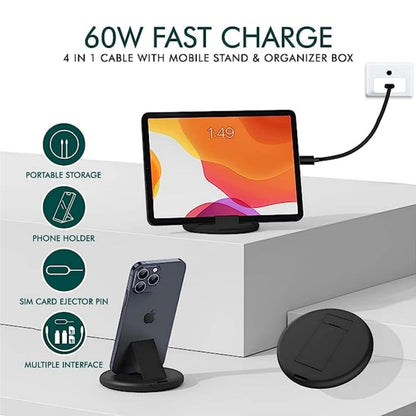 All-in-One 60W Fast Charging Travel Data Cable Set | Multi-Functional USB Type-C Cable Kit with Adapters, SIM Card Storage & Phone Stand